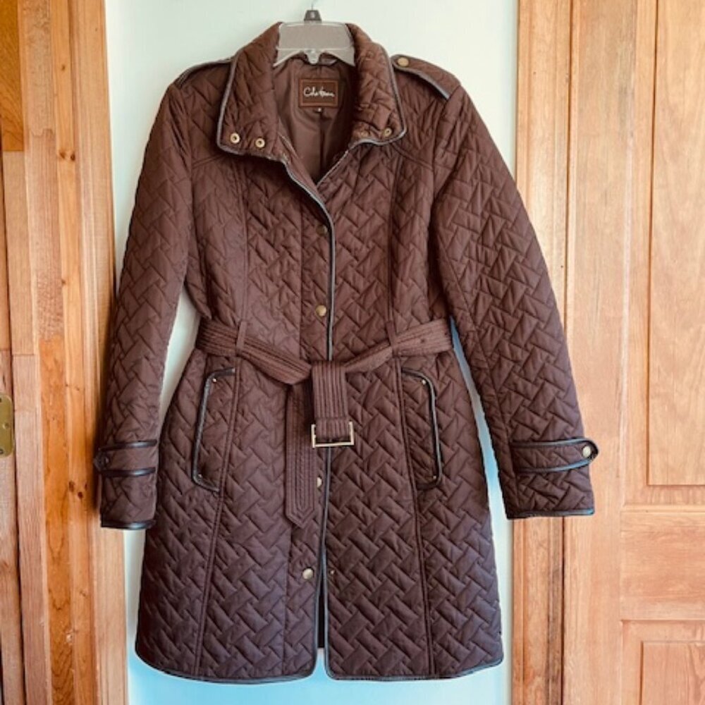 COLE HAAN Puffer Quilted Belted Coat Leather Trim Brown